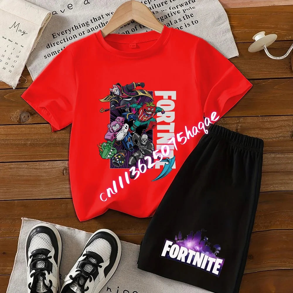 Completo estivo Fortnite con T-shirt e shorts per bambini e bambine, set 2 pezzi, abbigliamento bambino con top, T-shirt e pantaloncini, stampa Fortress Night, idea regalo