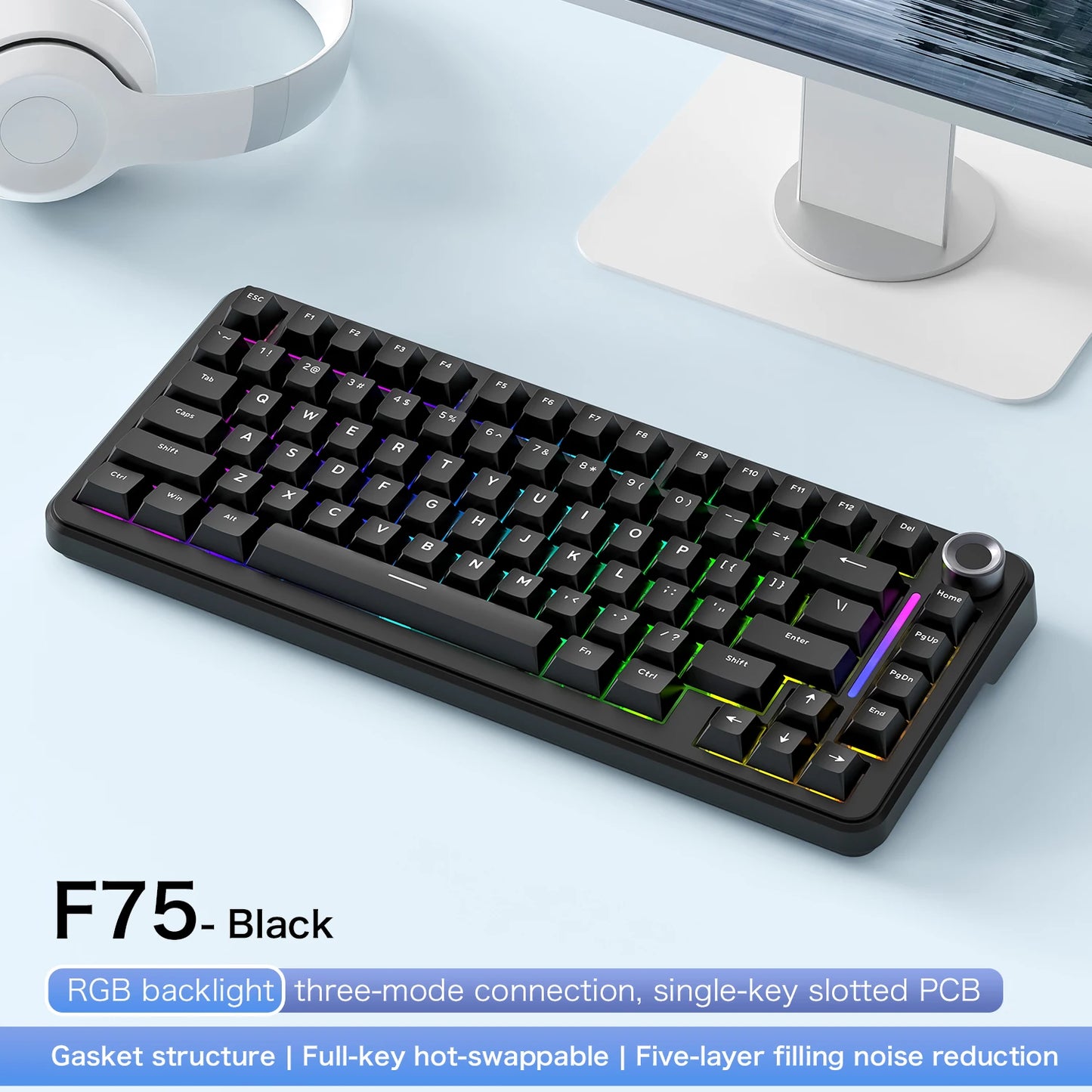 FREEWOLF F75 Gaming Mechanical Keyboard, 75% Tri-Mode Wireless Bluetooth, AULA F75 Same Model, RGB Hot Swappable PBT 4000mAh