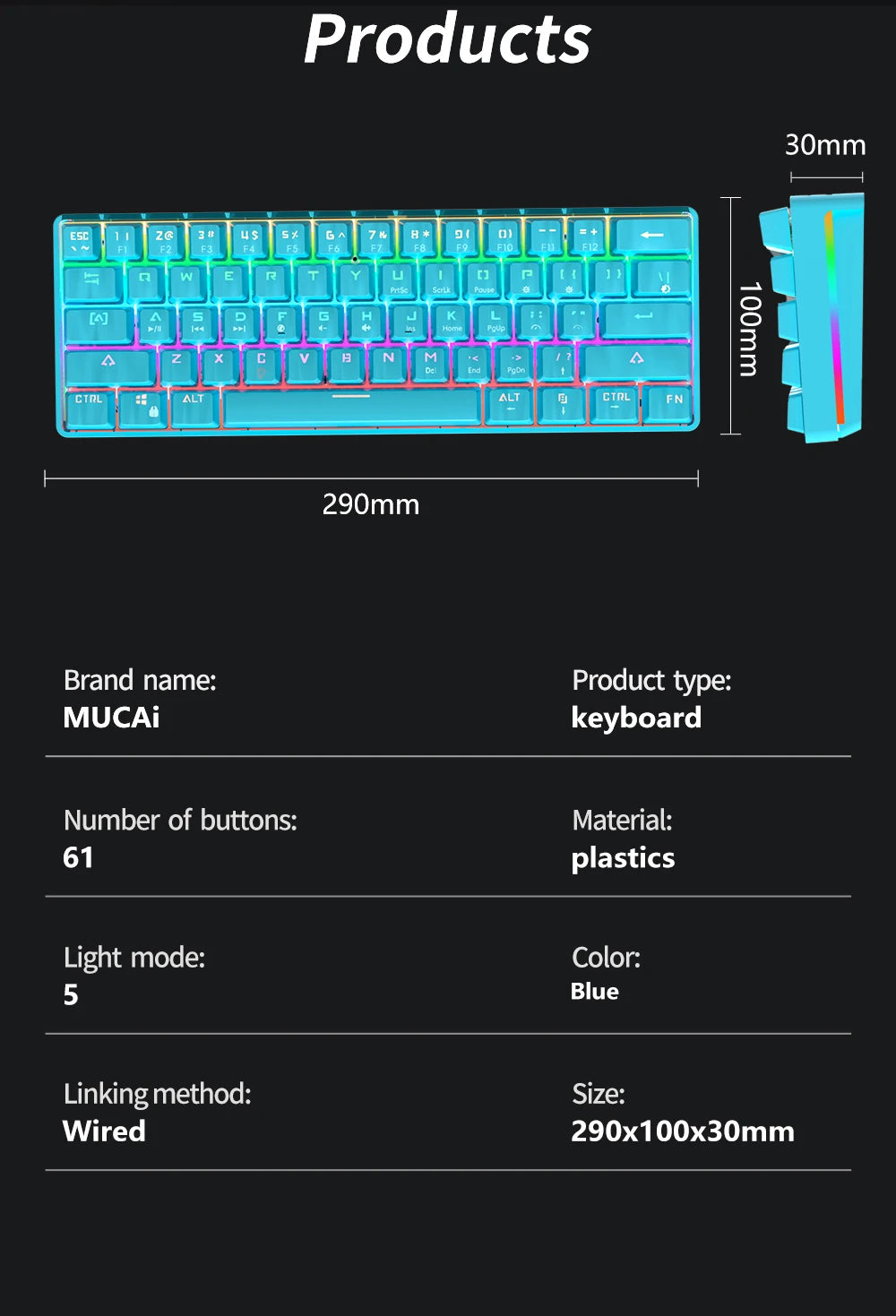 MUCAI MK61 USB Gaming Esports Mechanical Keyboard 61 Key Red Axis Wired Detachable Cable RGB Backlight Hot Swap