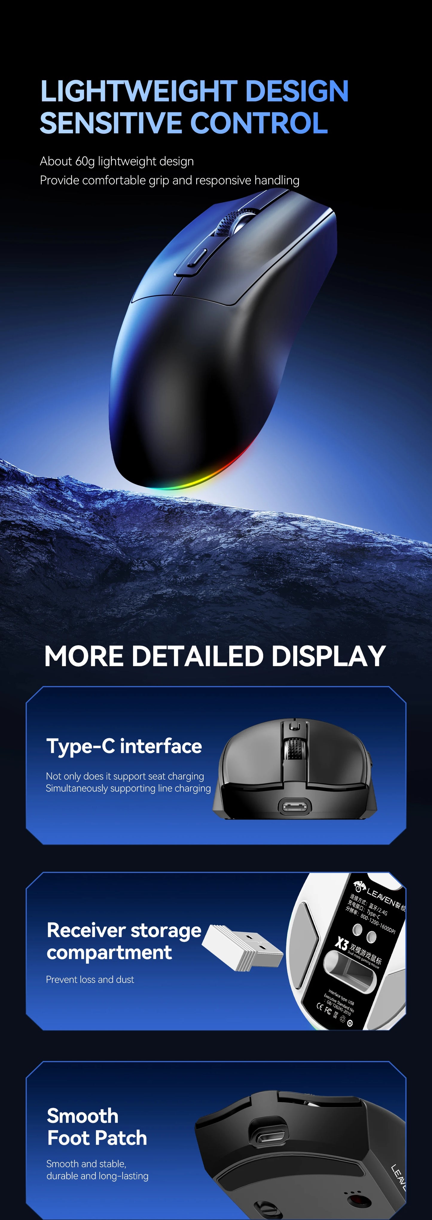 Dual-Mode Wireless Mouse | Magnetic Charging Dock | RGB Backlit | 3-Speed DPI (800-1200-1600) | 2.4G/BT | Suitable for daily use