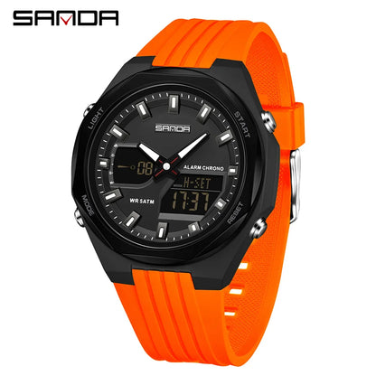 Fashion SANDA 6267 Men's Electronic Watch Multifunctional Operation Night light waterproof Dual Display Student Electronic Watch