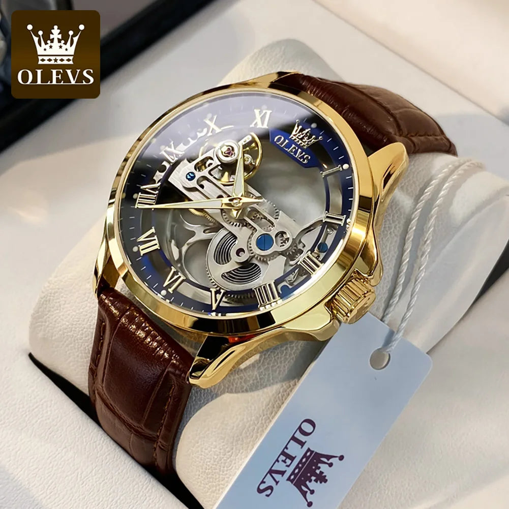 OLEVS 6661 – mekanisk automatisk herrklocka – helt transparent skelettmodell med synligt balanshjul, läderarmband, originell lyxklocka för män