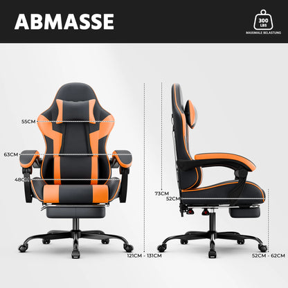Ergonomic PU leather gaming chair with lumbar support, adjustable height and backrest, 200KG load capacity, black orange