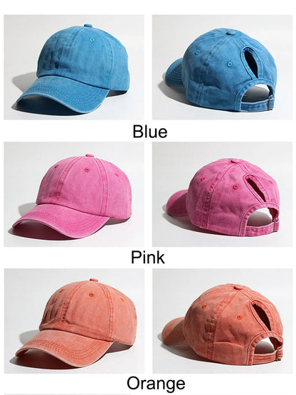 Simple Washed Hole Crossing High Ponytail Hat For Women, Versatile Baseball Cap Soft Top Baseball Cap