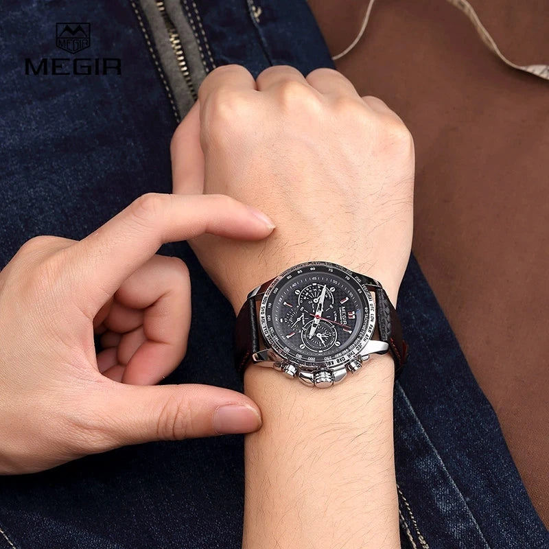 MEGIR analoog quartz-polshorloge voor heren – Waterdicht luxehorloge met leren band, casual stijl, model 1010 (zwart)
