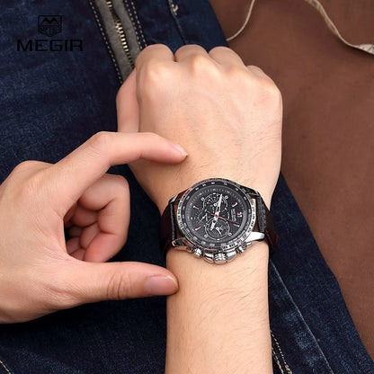 MEGIR analoog quartz-polshorloge voor heren – Waterdicht luxehorloge met leren band, casual stijl, model 1010 (zwart)
