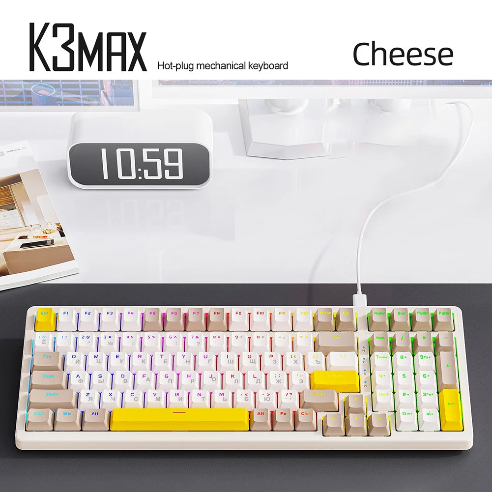 K3 MAX Mechanical Keyboard Hotswap Red/Green Shaft Gamer Keyboard USB Wired RGB Backlight 100 Keys Russian for Computer Laptop