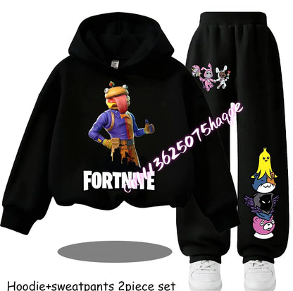 Fortnite Kinder-Set für Frühling und Herbst: langärmliges Kapuzen-Sweatshirt und Hose mit Gaming-Cartoon-Print für Jungen
