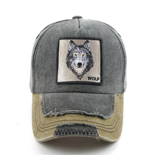 Vintage Denim Baseball Cap With Embroidery Wolf Patch Men Snapback Hip Hop Dad Hats Women Four Seasons Adjustable Sun Visor Cap