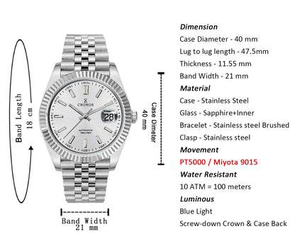 Cronos DateJ Luxury Men Watch Stainless Steel 5 Links Bracelet PT5000 Miyota 9015 100m Water Resistant Sapphire L6046M