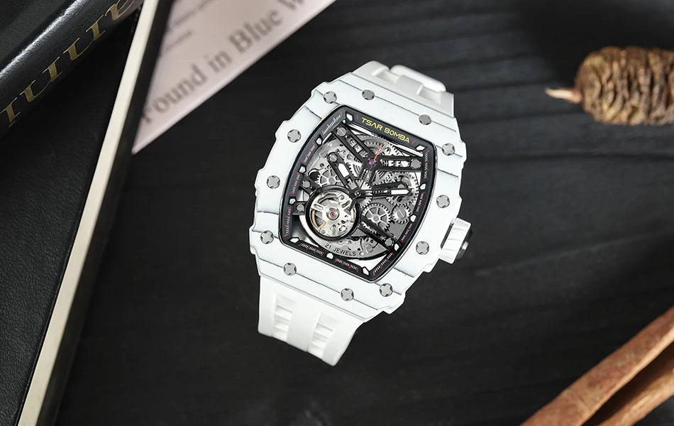 TSAR BOMBA Carbon Fiber Automatic Mechanical Watch for Men Waterproof Skeleton Mens Watches Top Brand Luxury Wristwatches