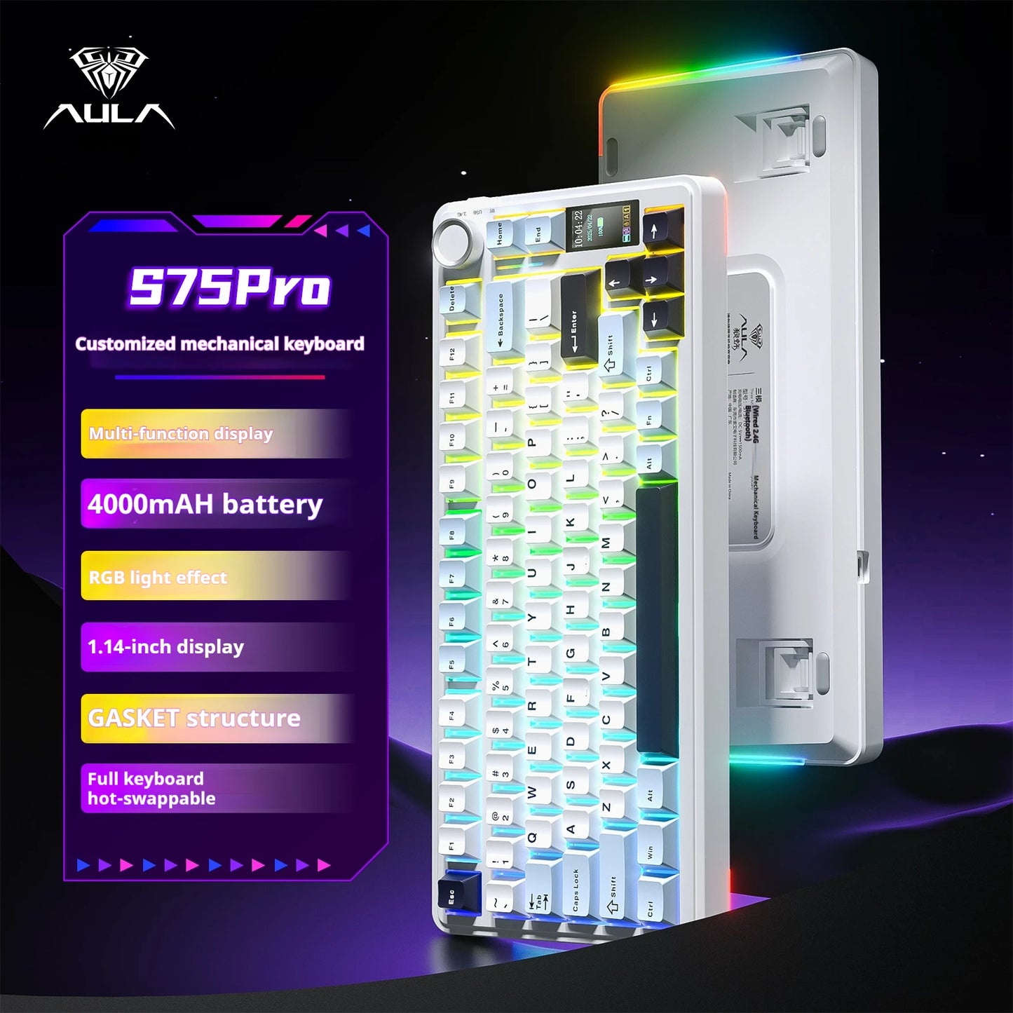 AULA S75 PRO Mechanical Keyboard 75% Custom Layout RGB Backlight Wireless Bluetooth Gaming Keyboard with Screen Knob