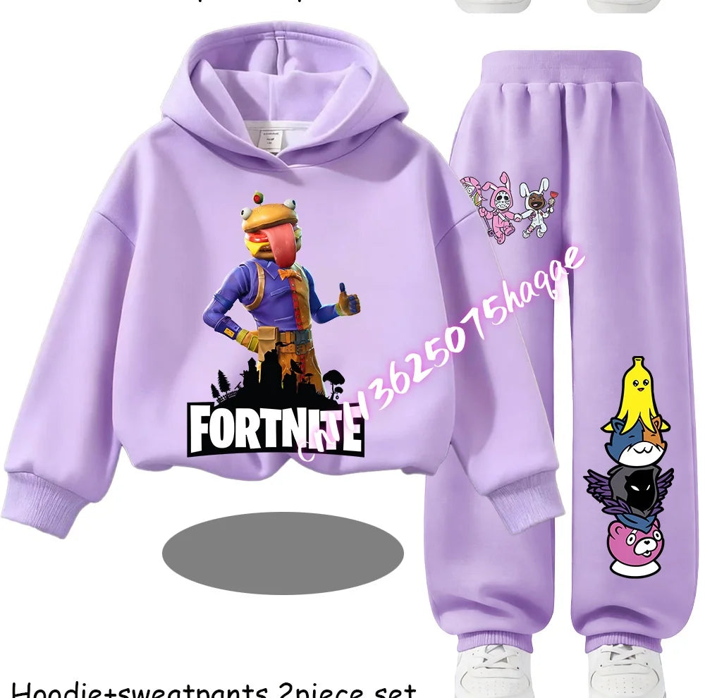 Fortnite Kinder-Set für Frühling und Herbst: langärmliges Kapuzen-Sweatshirt und Hose mit Gaming-Cartoon-Print für Jungen