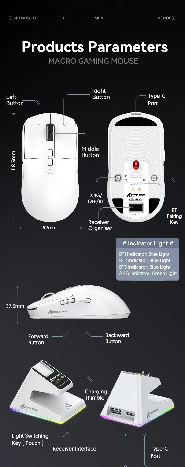 Attack Shark X6 Lightweight Wireless Gaming Mouse with 3 Mode Up to 26K DPI RGB Backlight Charging Base for Laptop Deskbtop