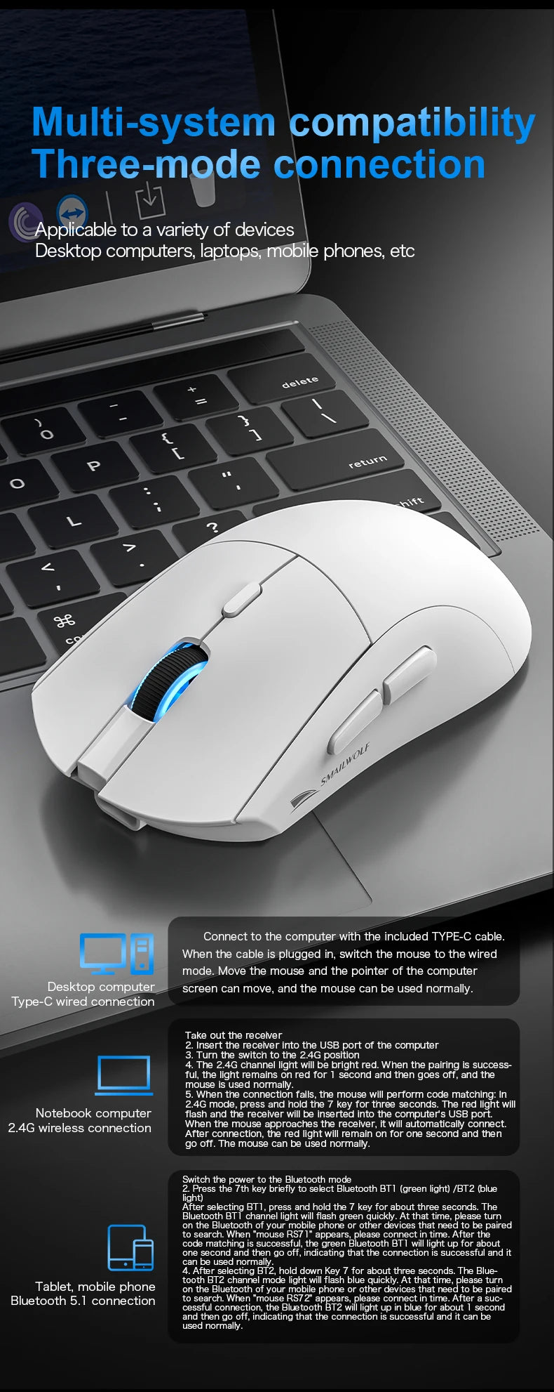 SMAILWOLF RS7 Bluetooth wireless gaming mouse PAW3311 macro driver laptop desktop computer office game 20000dpi