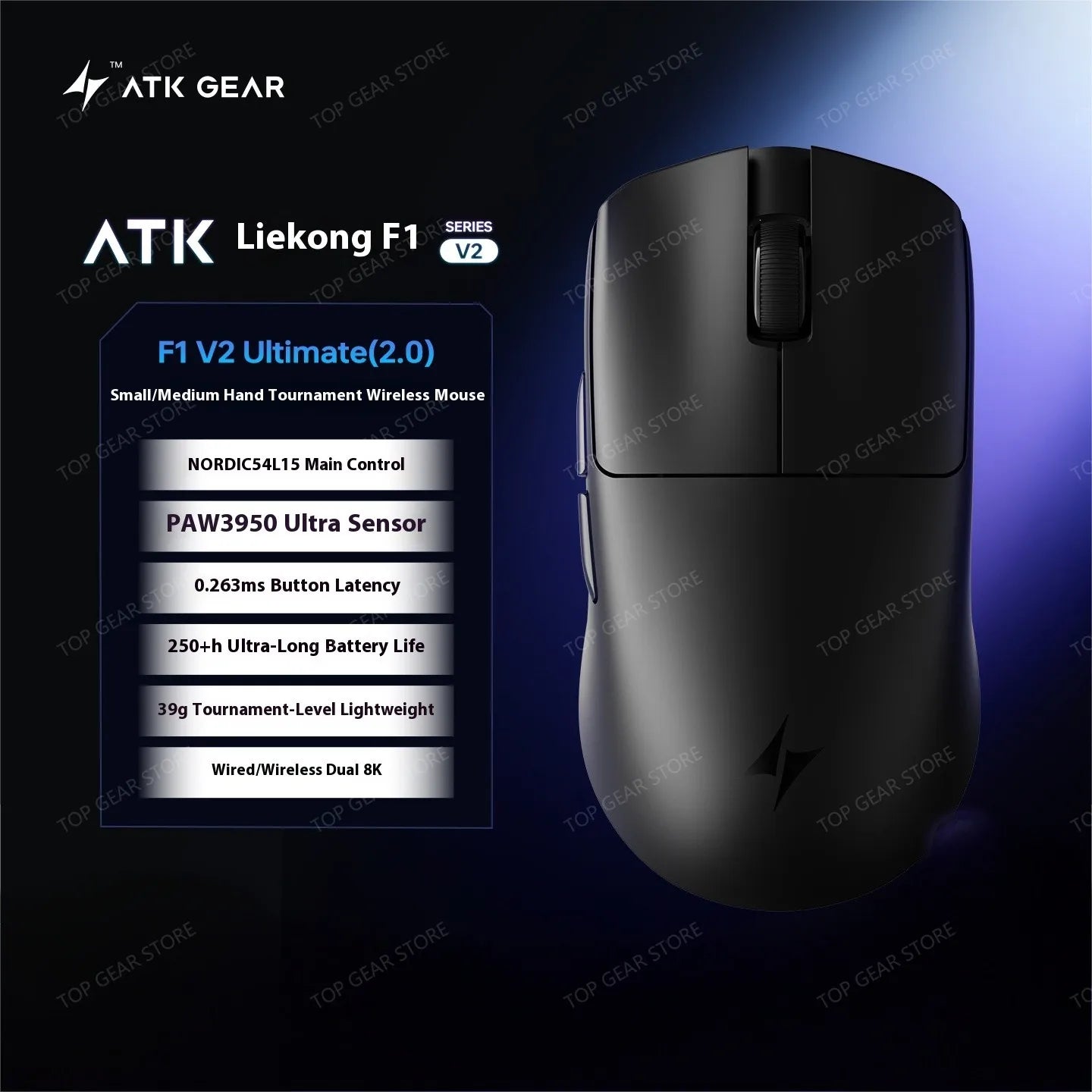 Bezdrátová herní myš ATK F1 V2 Ultra MAX Tri-mode PAW3950 Double 8k, lehká ergonomická e-sportovní myš, vlastní PC příslušenství