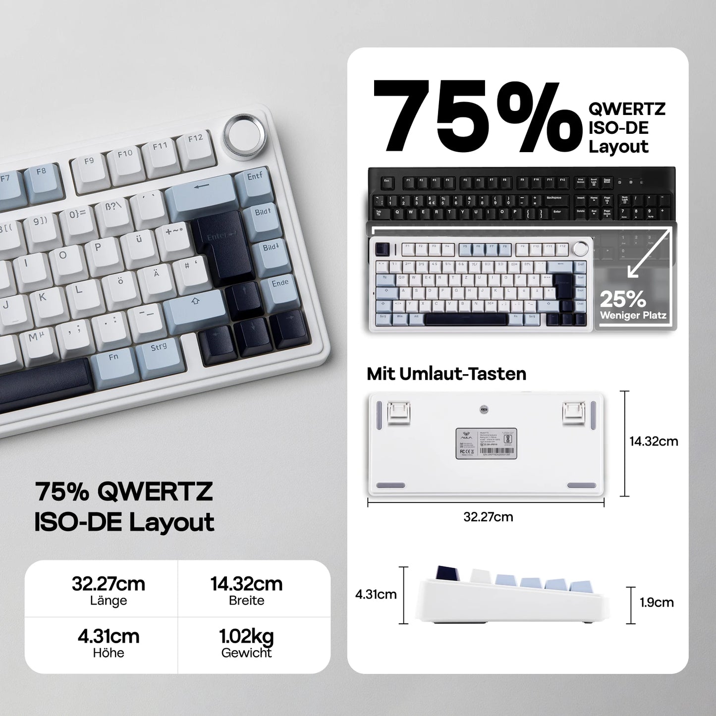 ISO-DE Layout EPOMAKER X AULA F75 75% German QWERTZ Hot-Swap Gasket Wired/Bluetooth/2.4G Wireless Mechanical Keyboard Knob/RGB