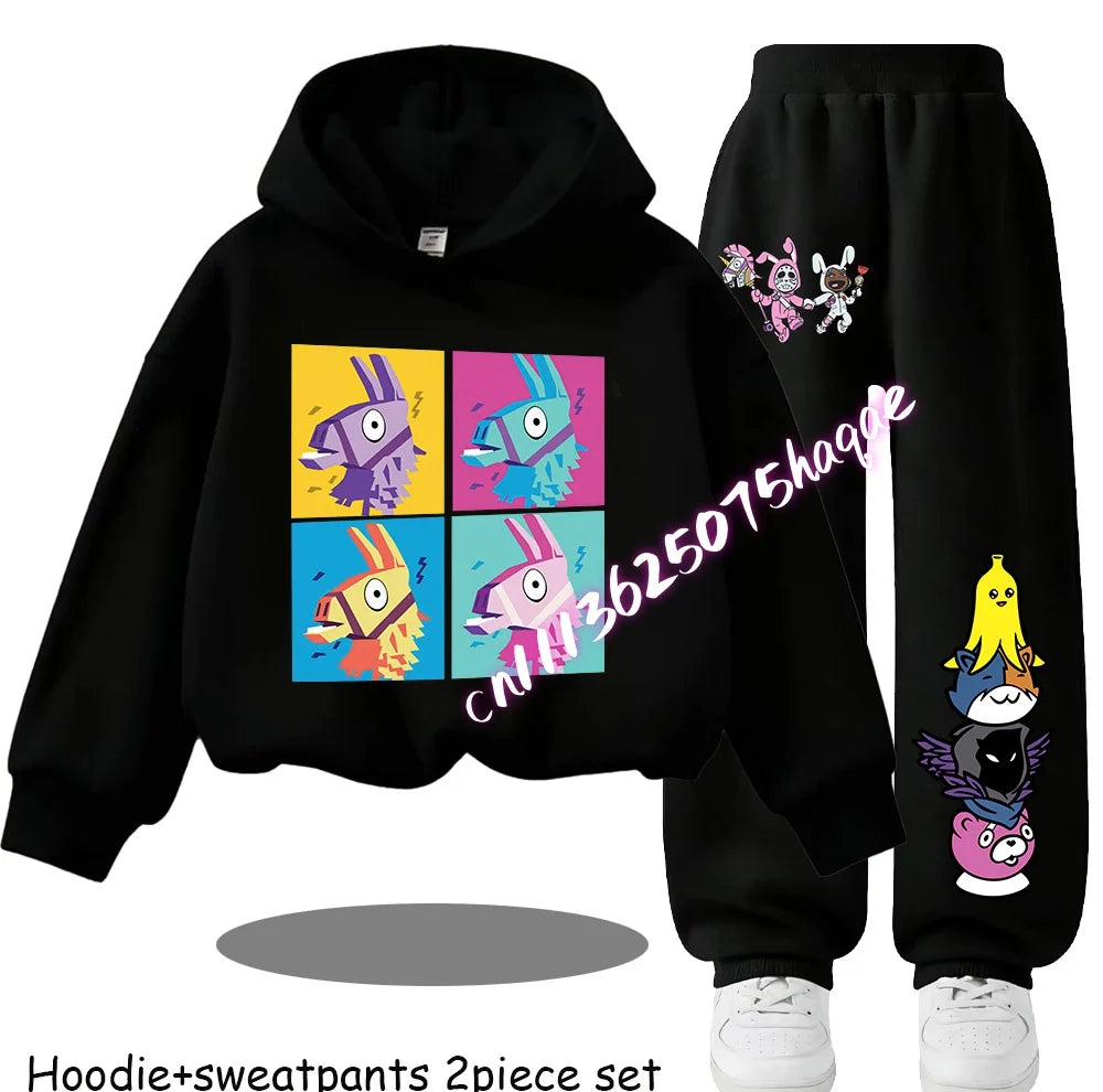 Fortnite Kinder-Set für Frühling und Herbst: langärmliges Kapuzen-Sweatshirt und Hose mit Gaming-Cartoon-Print für Jungen