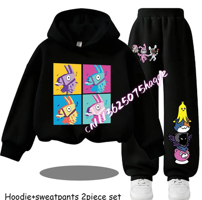 Fortnite Kinder-Set für Frühling und Herbst: langärmliges Kapuzen-Sweatshirt und Hose mit Gaming-Cartoon-Print für Jungen