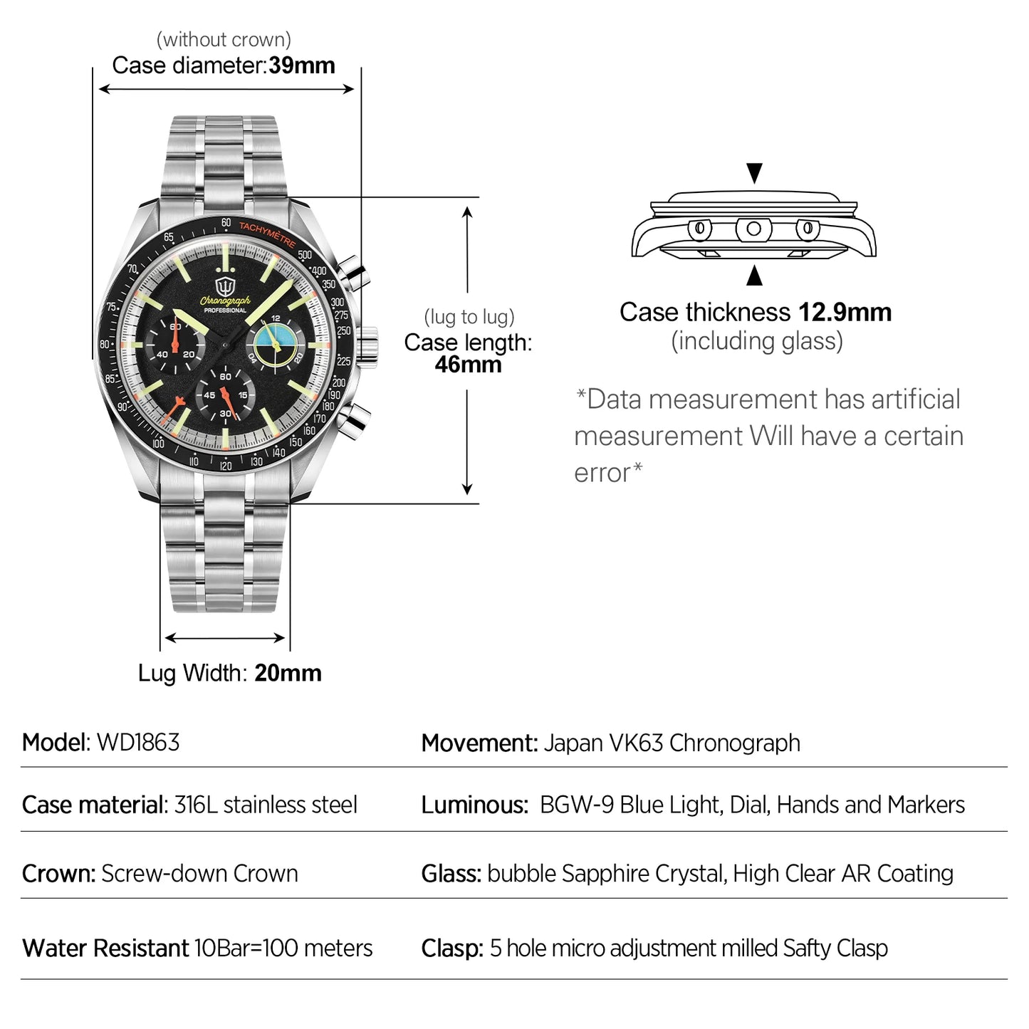 Watchdives WD1863 39mm VK63 Chronograph Watch Vintage Stainless Steel Sapphire OTF Clasp Waterproof Luminous Watches for Men