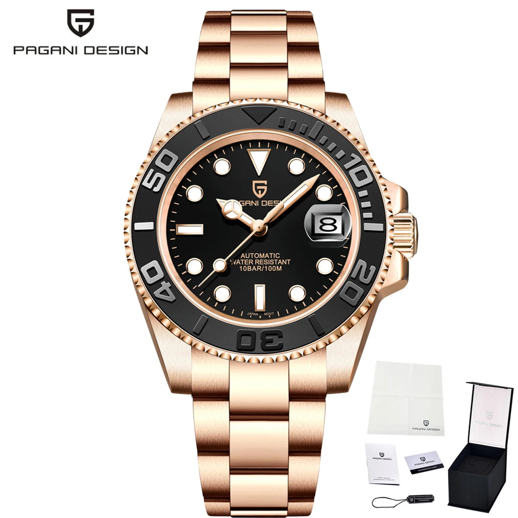 PAGANI DESIGN Luxury Mechanical Automatic Men's Watch Rose Gold Ceramic Rotating Frame Top Business watches for man reloj hombre