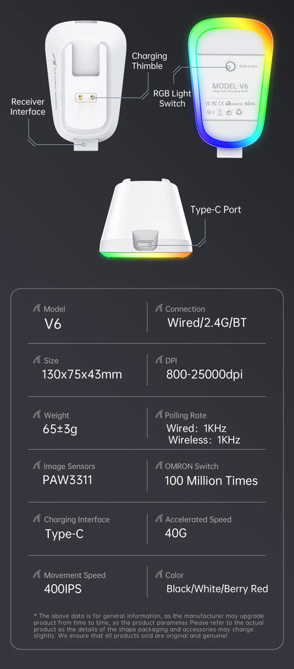 ATTACK SHARK V6  Wireless Gaming Superlight Mouse with RGB Magnetic Charging Dock,PAW3311 Sensor,Macro Gaming Mouse