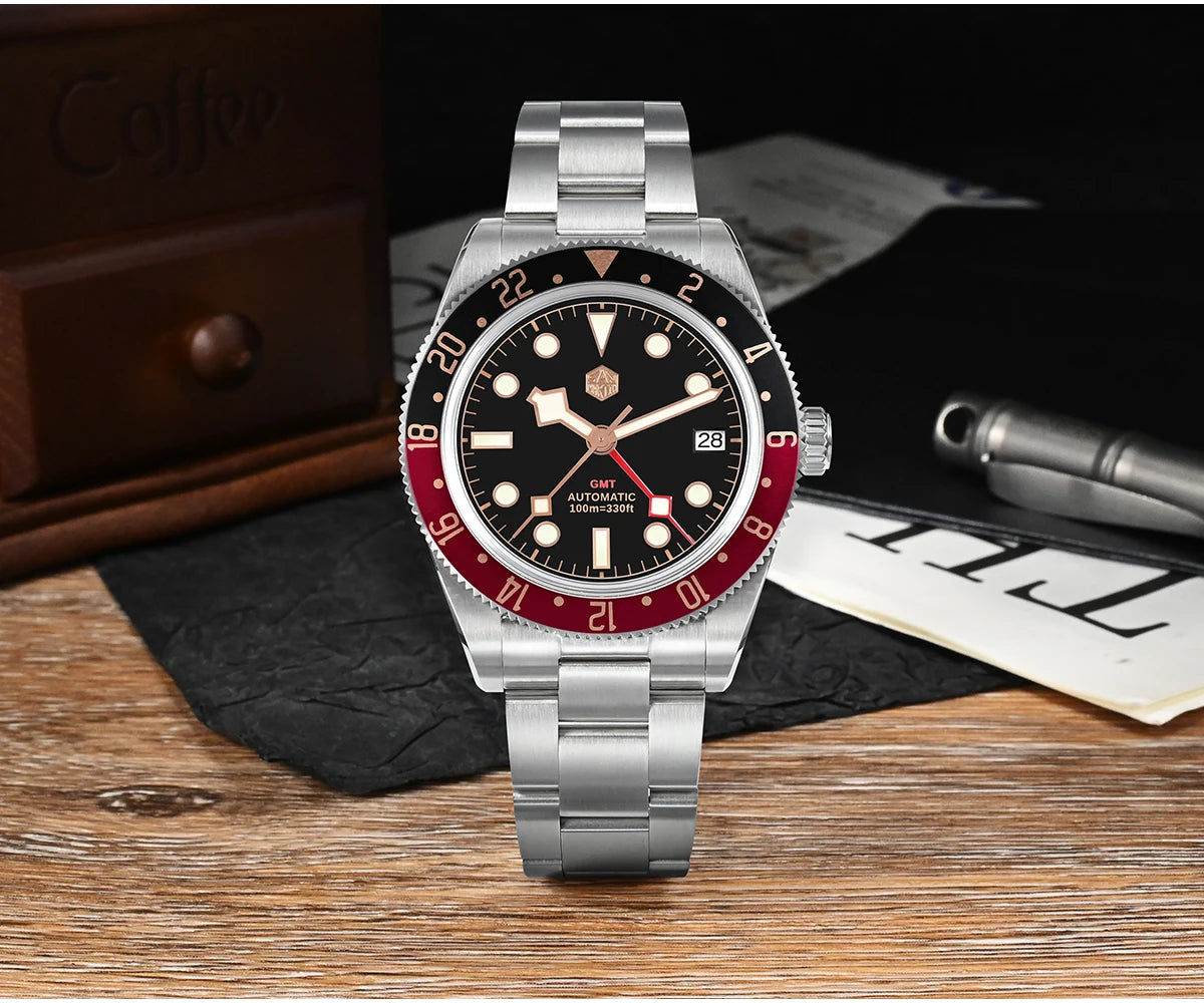 San Martin 39mm NH34 GMT Men Luxury Watch Bidirectional Aluminum Bezel Automatic Mechanical Sapphire 100M Waterproof  SN0109