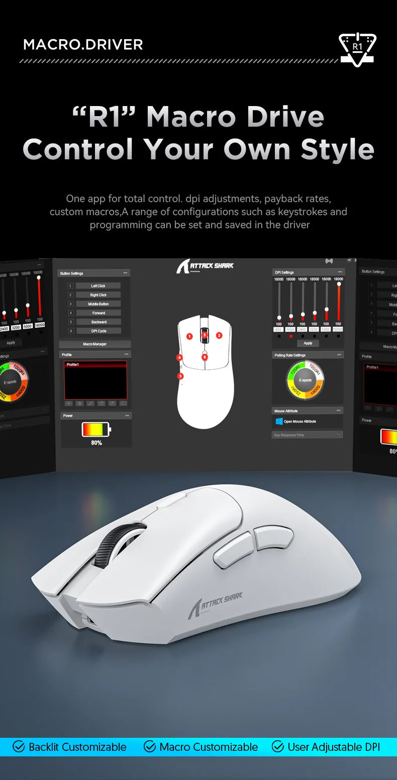 Attack Shark R1 Lightweight Bluetooth 2.4G Wireless Gaming Mouse PAW3311 18000DPI Ergonomic Macro Mice