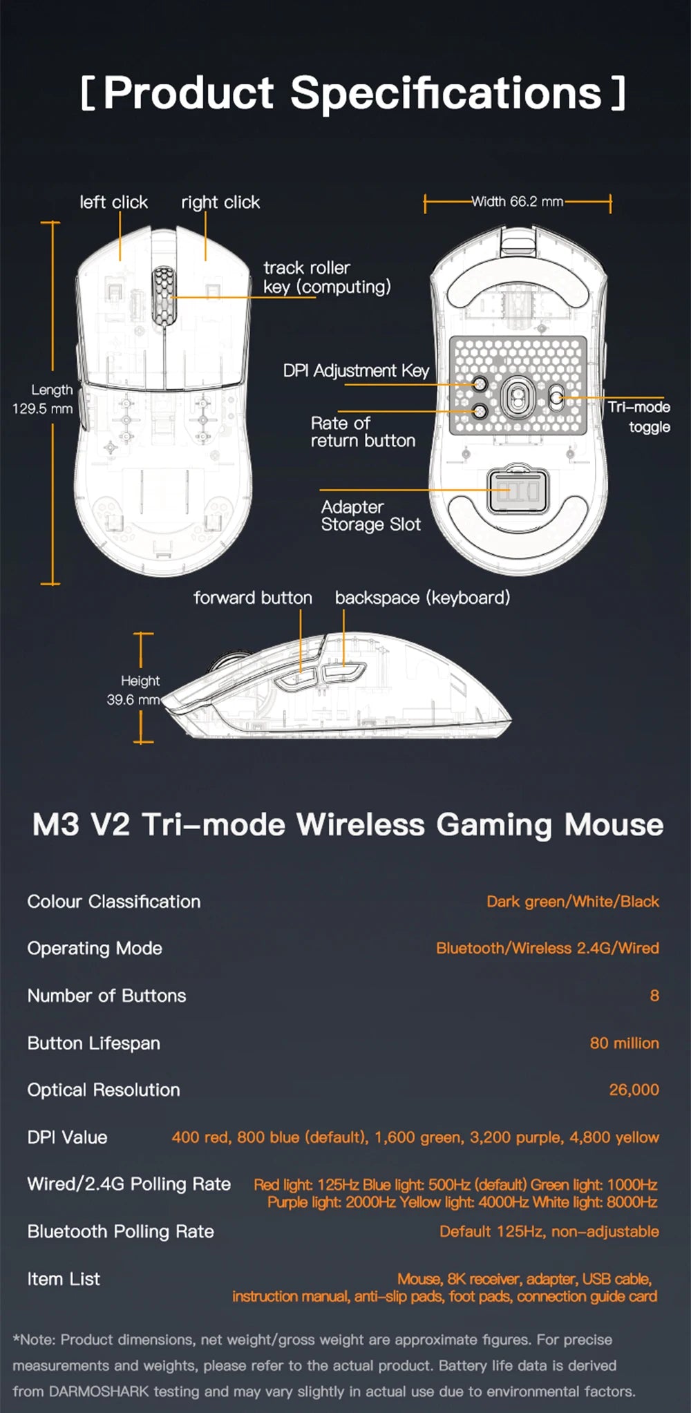 Darmoshark M3 V2 Gaming Mouse Double 8K Wireless Tri Mode 26KDPI PAW3395 Sensor Big Hand Game Macro Mouse For Computer Laptop PC