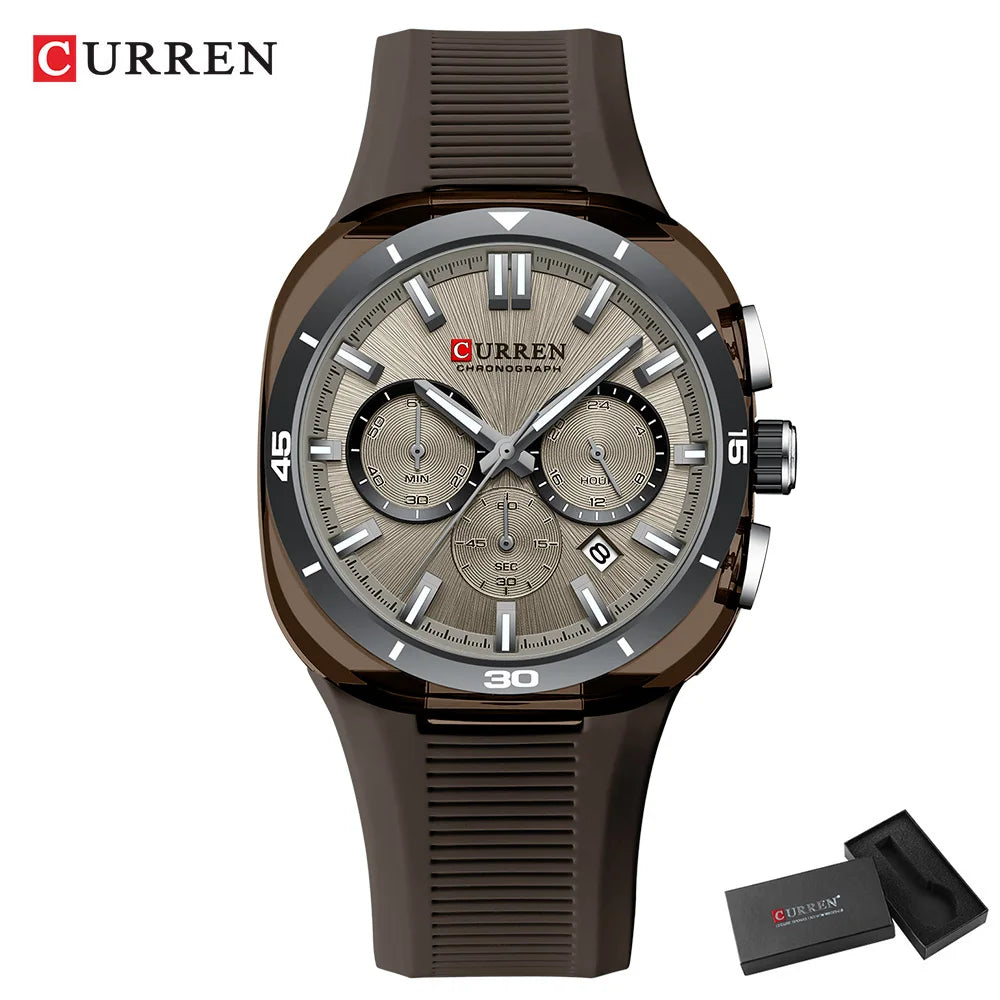Ceas pentru bărbați CURREN – Nou model de lux cu mecanism cu cuarț, brățară din silicon, stil sportiv, multifuncțional, rezistent la apă, luminat, cu afișaj al datei și cronometru.