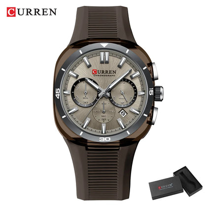 Ceas pentru bărbați CURREN – Nou model de lux cu mecanism cu cuarț, brățară din silicon, stil sportiv, multifuncțional, rezistent la apă, luminat, cu afișaj al datei și cronometru.