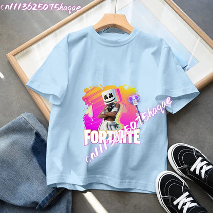 Fortnites Kids Blue Cotton T-Shirt Fortress Night Baby Short Sleeve Tees Shirt Cartoon Boy Girl Summer Clothes Kawaii Tops Gift