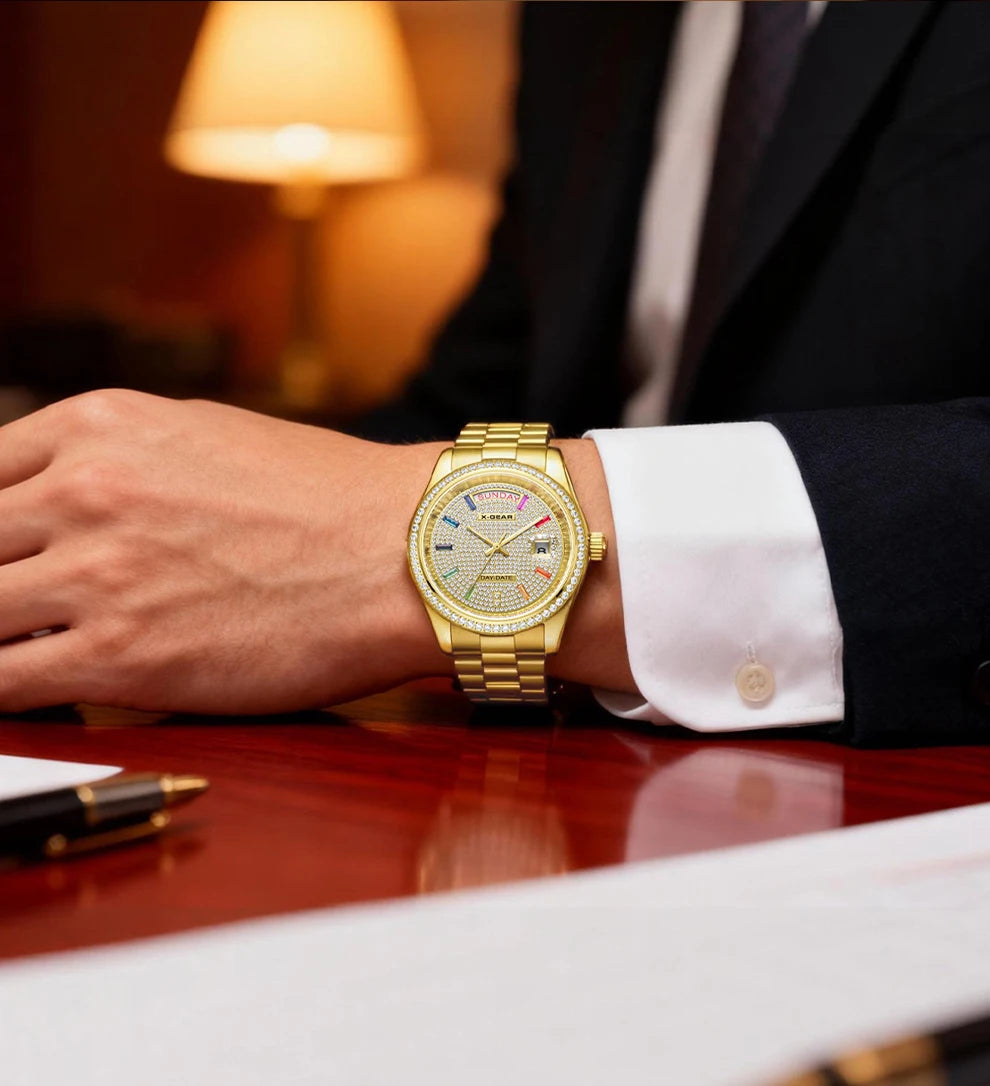 X-GEAR Men Luxury Watches Full diamond dial Diamond bezel Mechanical Watch Luminous Date Week Display Stainless Steel Case Strap