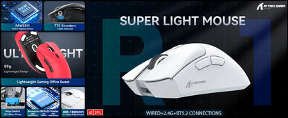 ATTACK SHARK R1 Tri-mode Gaming Mouse, PixArt PAW3311 Sensor, 18000 DPI, 1000hz, 59g Ultralight for Big Hand, for PC/Mac