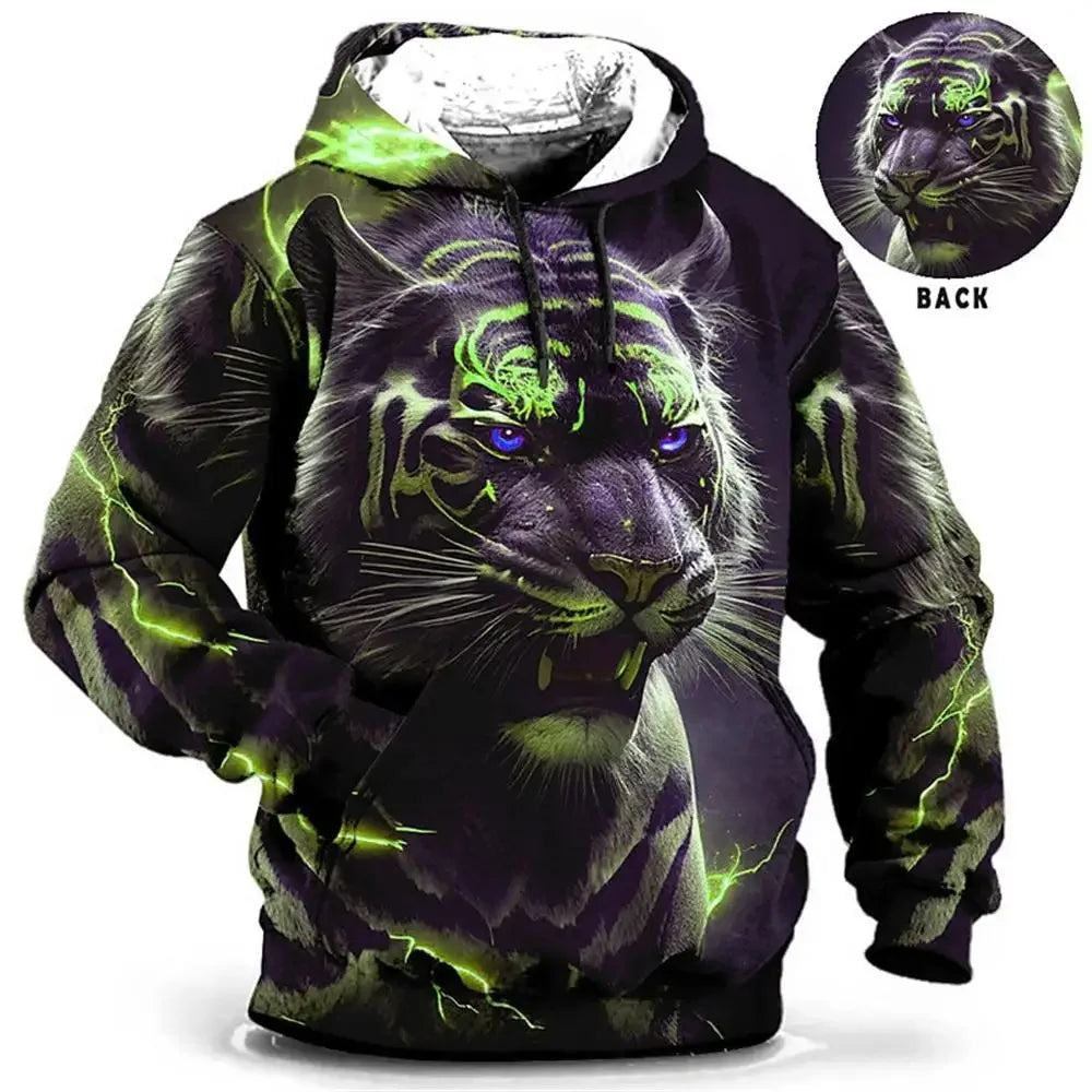 Vintage Hoodies for Men Wolf Animal Pattern 3D Print Eagle Leopard Tops Autumn Winter Casual Long Sleeve Oversized Tiger Hooded