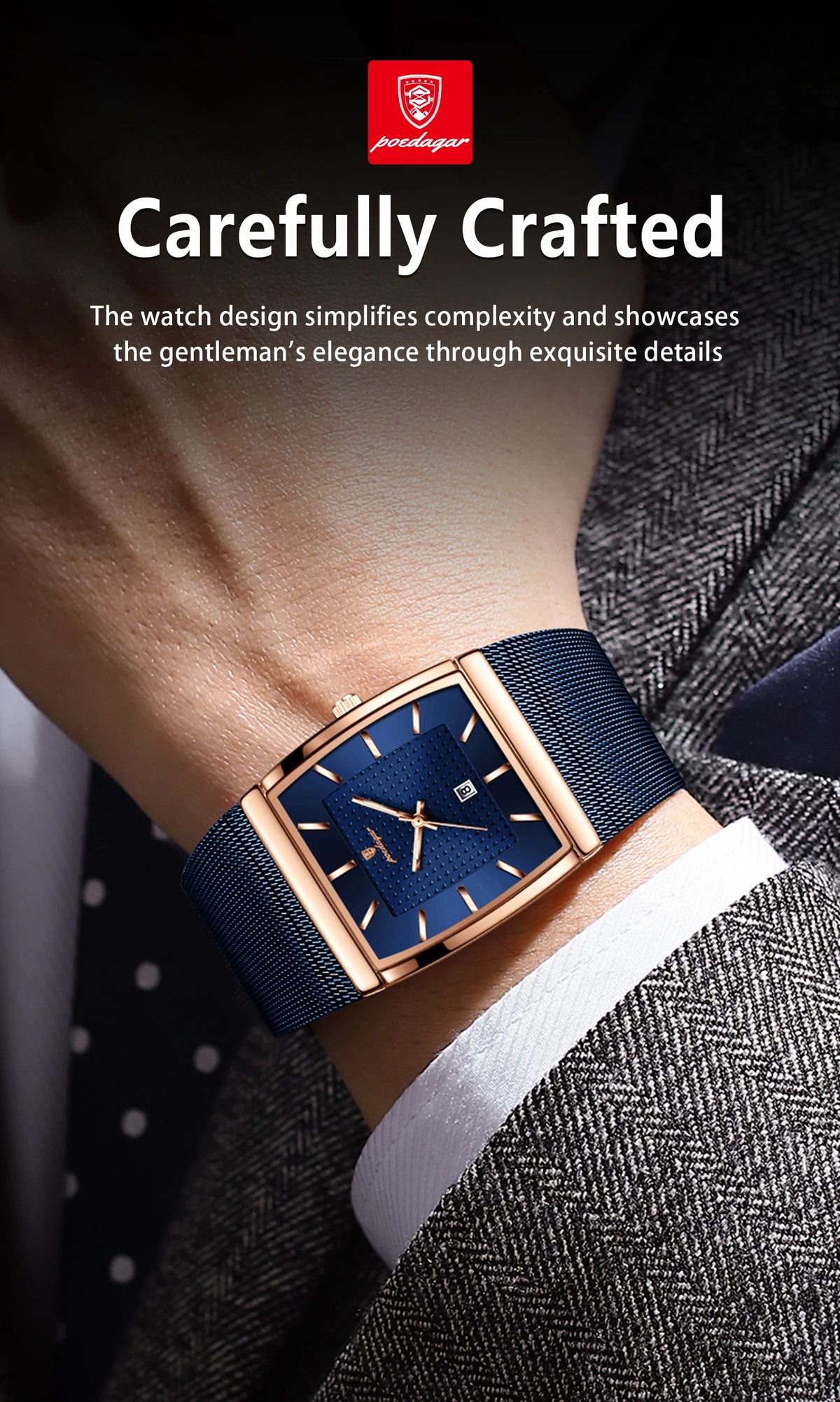 POEDAGAR Top Luxury Men Watch Stainless Steel Mesh Date Waterproof Luminous Man Wristwatch Casual Rectangle Quartz Men's Watches