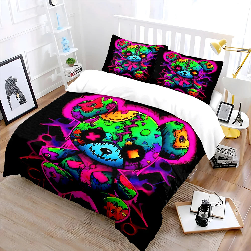 Colorful Neon Patchwork Doll Bedding Set for Kids Luxury Gift 3pcs Digital Print Comforter Set Soft Comfortable Breathable