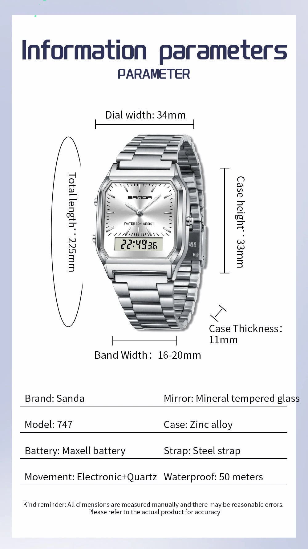 SANDA 747 Luxury Mens G Style Watches Stainless Steel Women LED Digital Dual Display Clock Unisex Waterproof Sports Quartz Watch