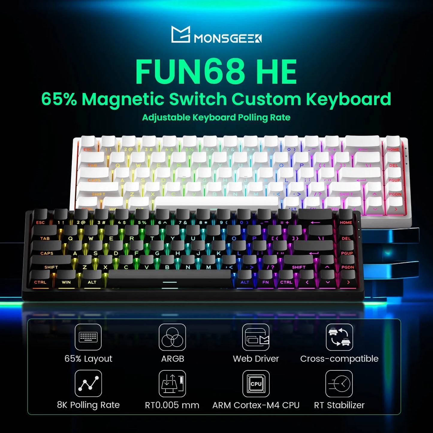 Akko MonsGeek FUN68 HE Magnetic Keyboard 65% Rapid Trigger 0.005mm 8000Hz ARGB USB/Wireless Gaming Custom Keyboard for Gamer