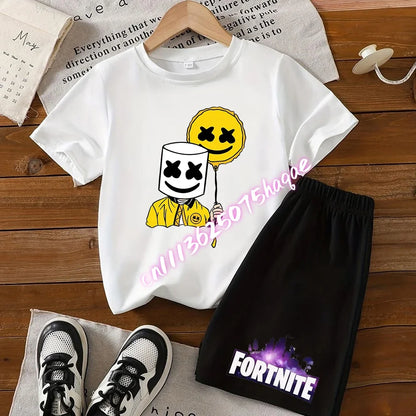 Completo estivo Fortnite con T-shirt e shorts per bambini e bambine, set 2 pezzi, abbigliamento bambino con top, T-shirt e pantaloncini, stampa Fortress Night, idea regalo
