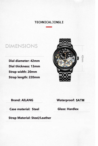 AILANG Top Brand Luxury Watch Men Automatic Luminous Black Clock Men Double Tourbillon Waterproof Mechanical Watch Relogio