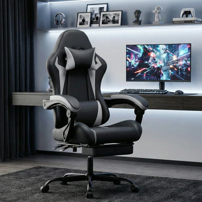Gaming Chair Ergonomic Gaming Chair with Lumbar Pillow and Headrest, Gamer Chair Height Adjustable, Pc Chair for Adults Girls Boy, Black and White