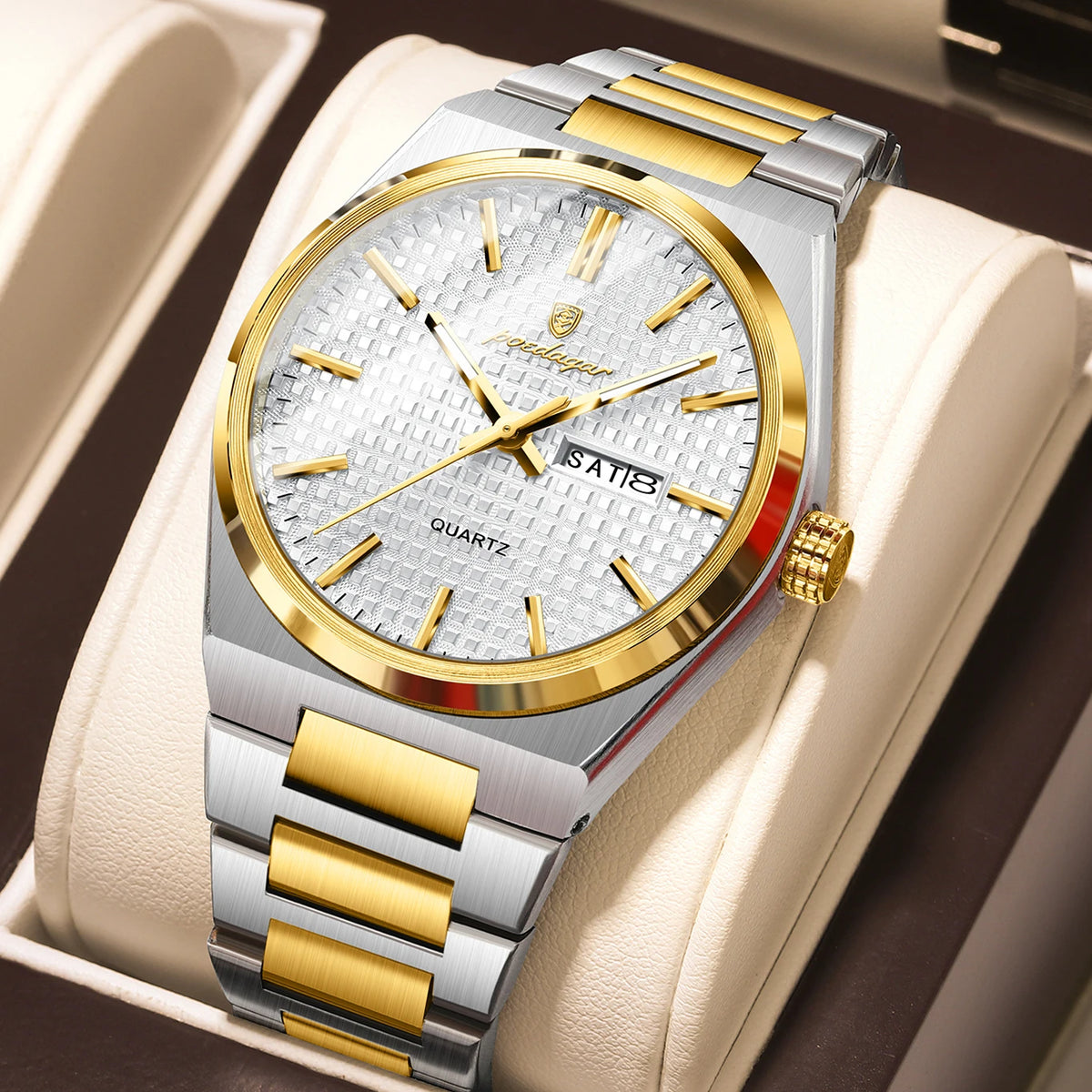 POEDAGAR luxury men’s wristwatch, water-resistant, luminous, stainless steel, with date and day of the week, quartz movement, business style.