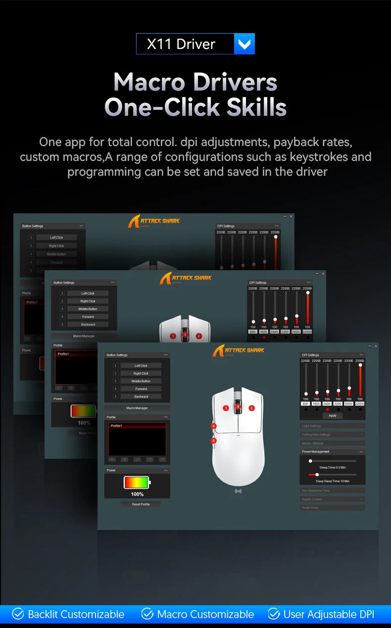 Bezdrôtová herná myš ATTACK SHARK X11SE, trojrežimová, ultraľahká 63g, so senzorom PAW3311, 22000 DPI, batéria 300mAh, dvojitý ovládač