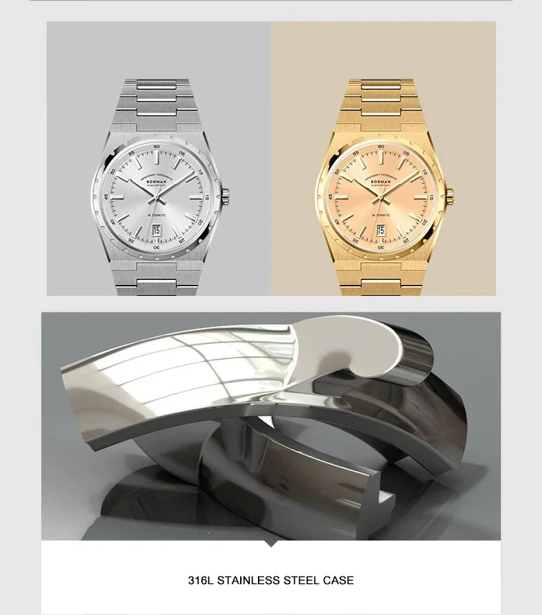 BORMAN Mens Automatic Watches 40mm Mechanical Wristwatch Ultrathick 10mm 5Bar Waterproof Sapphire Mirror Luminous Miyota 9015