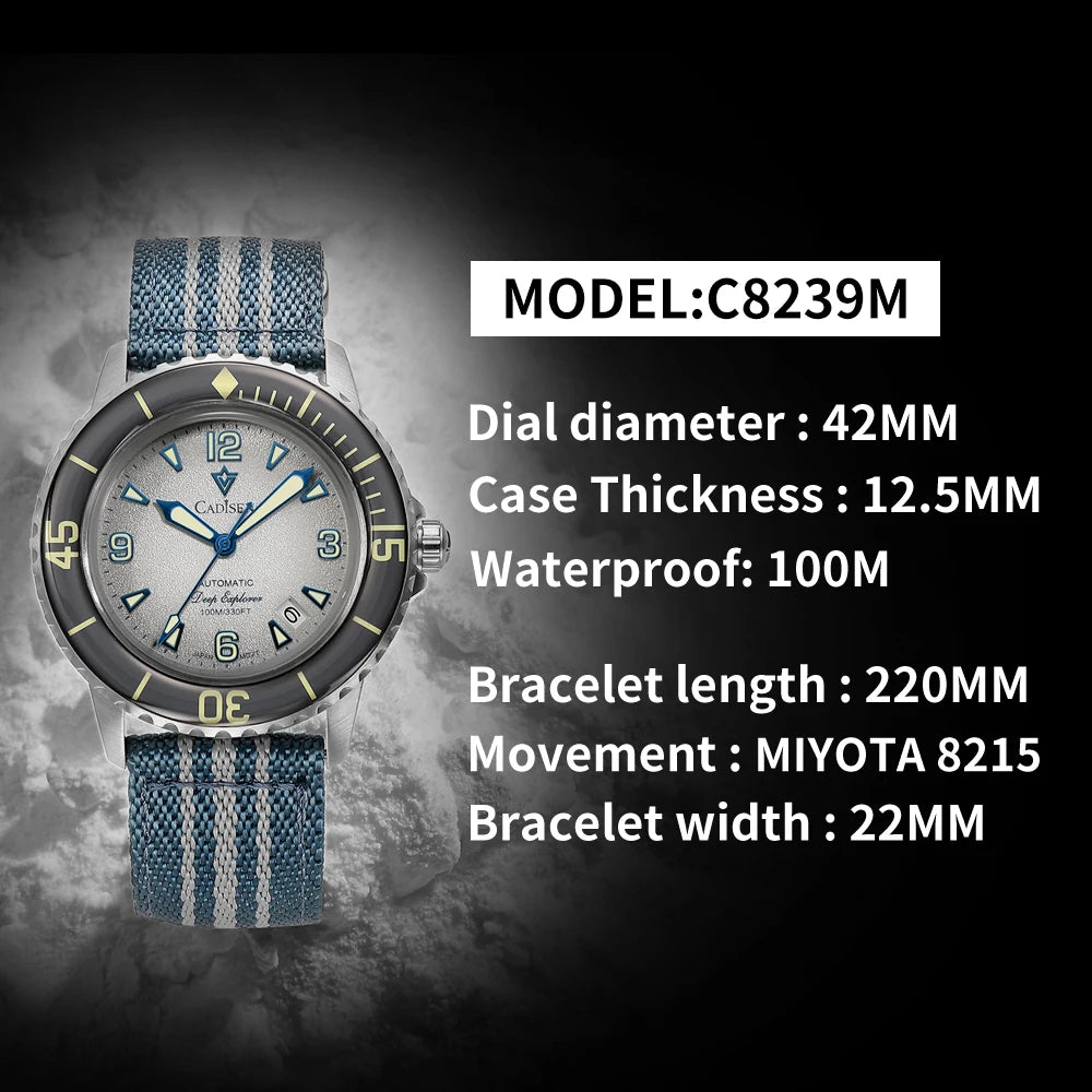 CADISEN Deep Explorer MIYOTA 8215 Automatic Mechanical Watch Man Canvas Strap Wristwatch Luxury Luminous Waterproof Watches