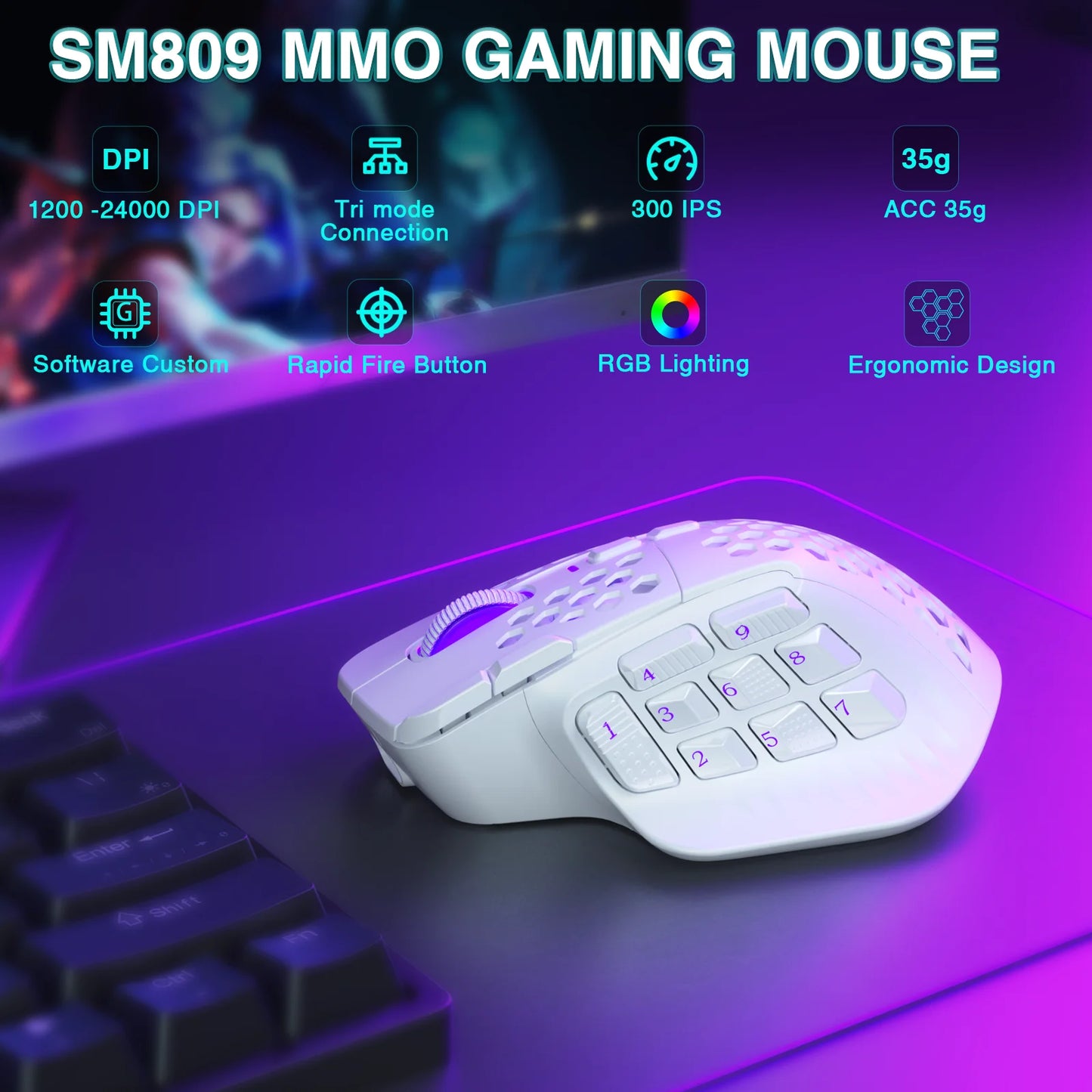SOLAKAKA SM809 Pro Wireless MMO Gaming Mouse PAW3311 16 Side Buttons 24000 DPI RGB Honeycomb Programmable Macro Wireless Mouse