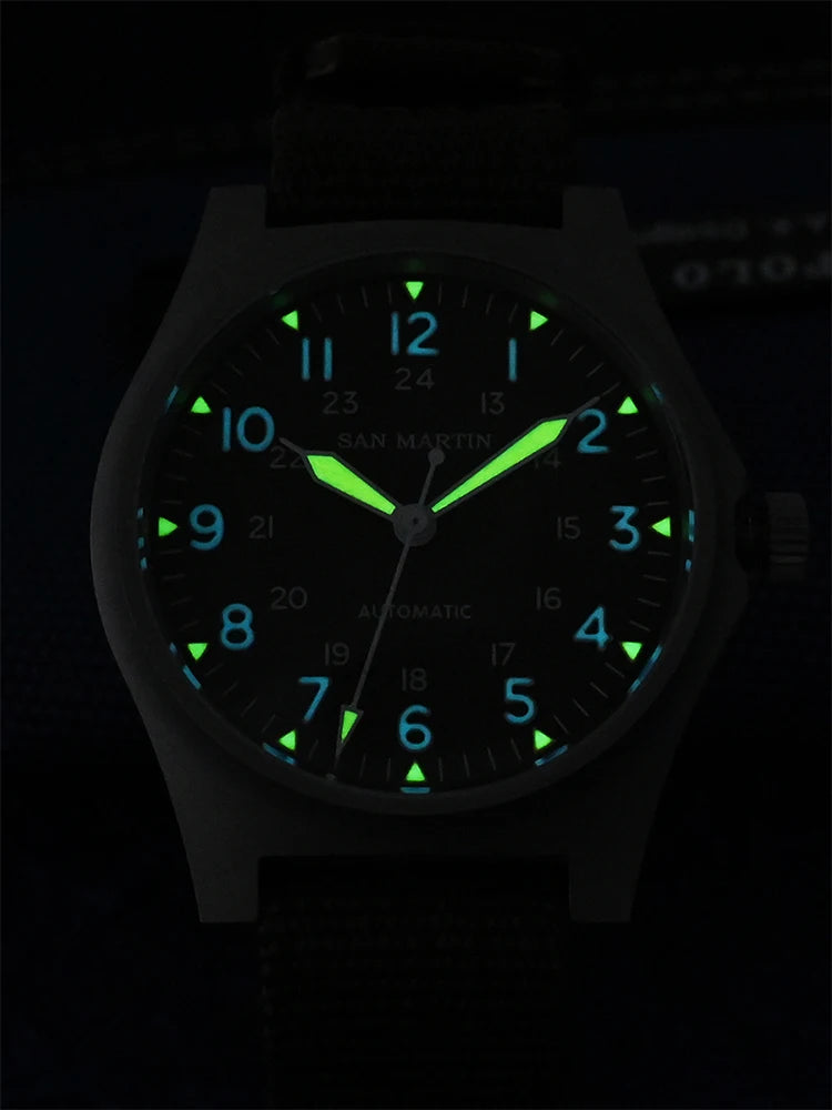 San Martin Pilot Watch 38mm NH35 Retro Military Automatic Mechanical Wristwatch Bead Blasted Case Waterproof 100m SN0137