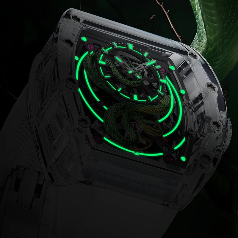BONEST GATTI Men Mechanical Watch Sapphire Crystal Double Sided Hollow Out Luminous 30M Waterproof Snake Pattern Dial Wristwatch