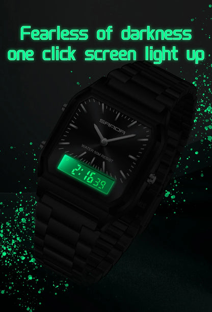 SANDA 747 Luxury Mens G Style Watches Stainless Steel Women LED Digital Dual Display Clock Unisex Waterproof Sports Quartz Watch